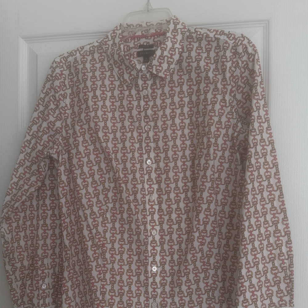 Talbots peach gold and White Geometric Button Down Shirt